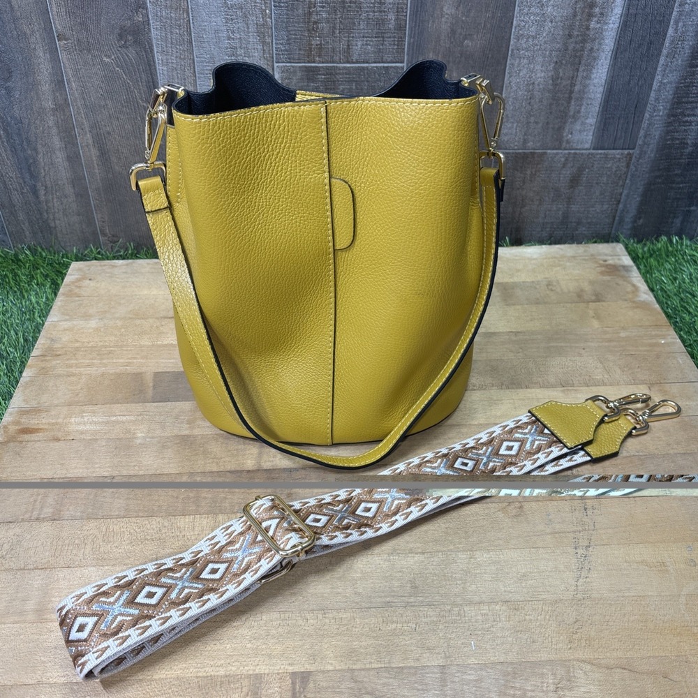Made in Italy Mustard Yellow Genuine Leather Bucket Shoulder Bag Boho Retro